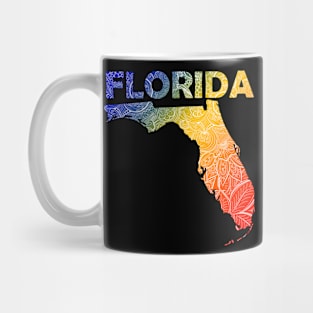 Colorful mandala art map of Florida with text in blue, yellow, and red Mug